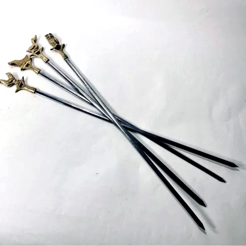 🎉LAST CALL🎉 4 Vintage Shish Kebab Skewers Brass Animal Handles Stainless Steel